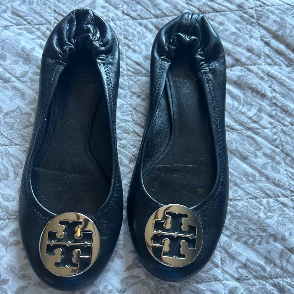 Tory Burch  Flats 8.5 M Black Leather Reva Ballerinas Gold Logo‎